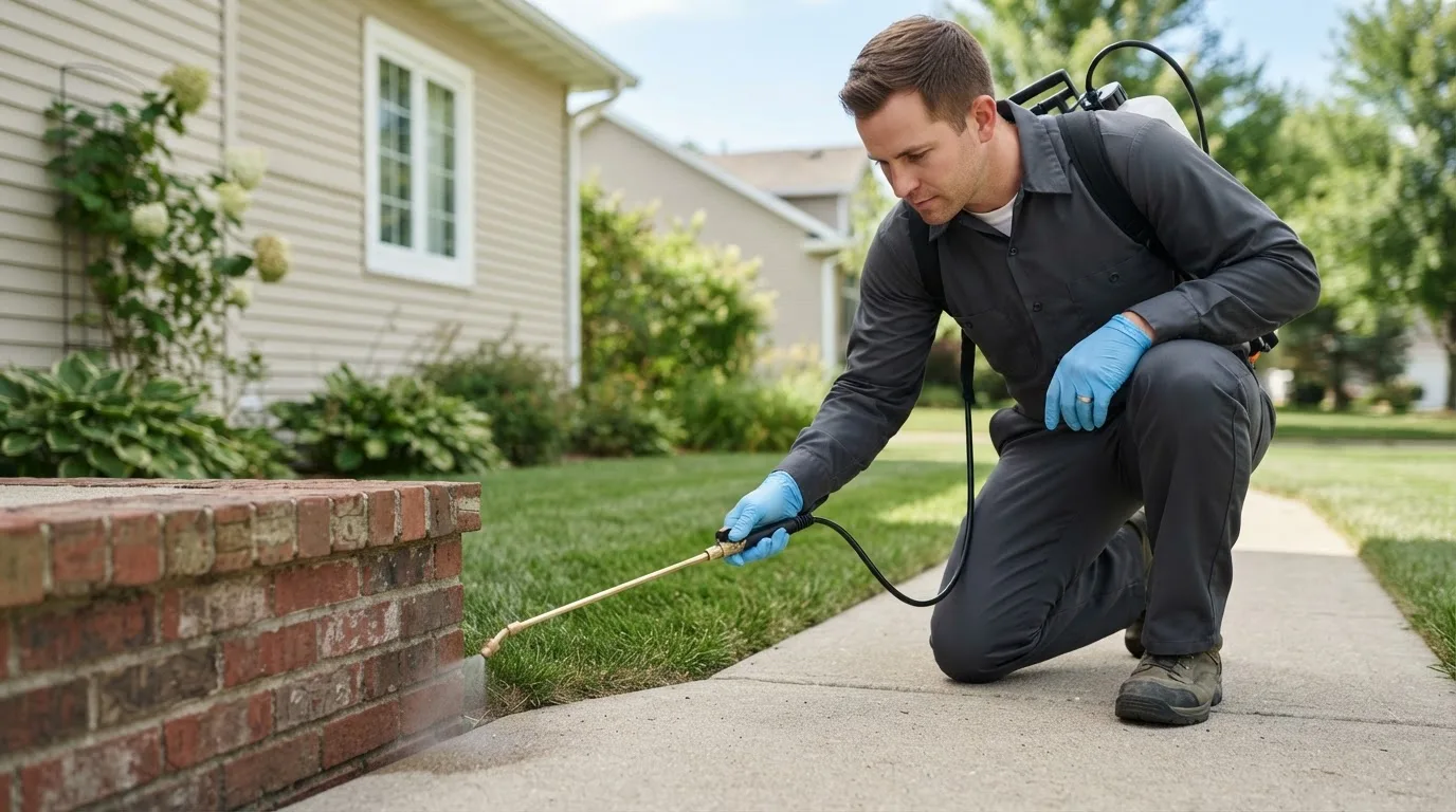 Pest control technician treating a home near Story City, IA