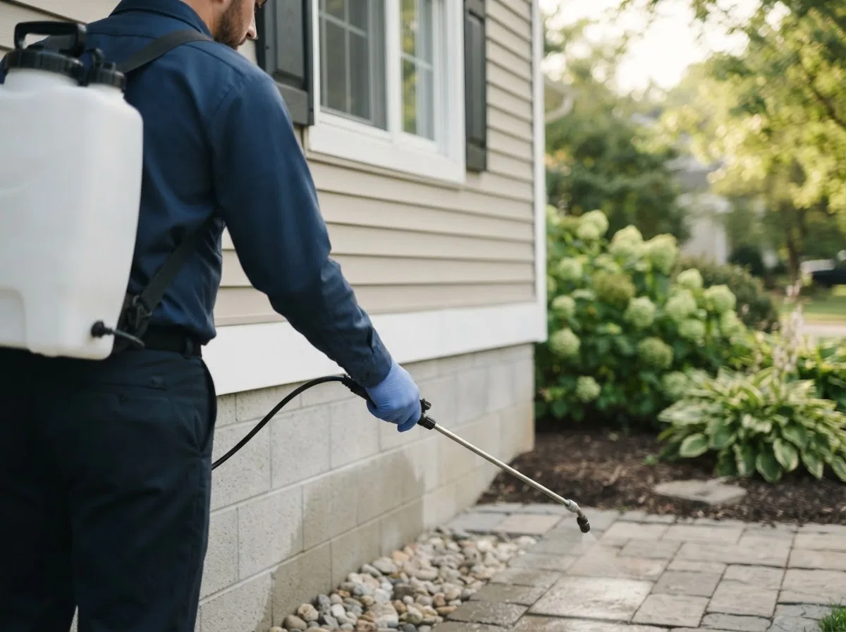 Pest control technician inspecting a home in Story City, IA